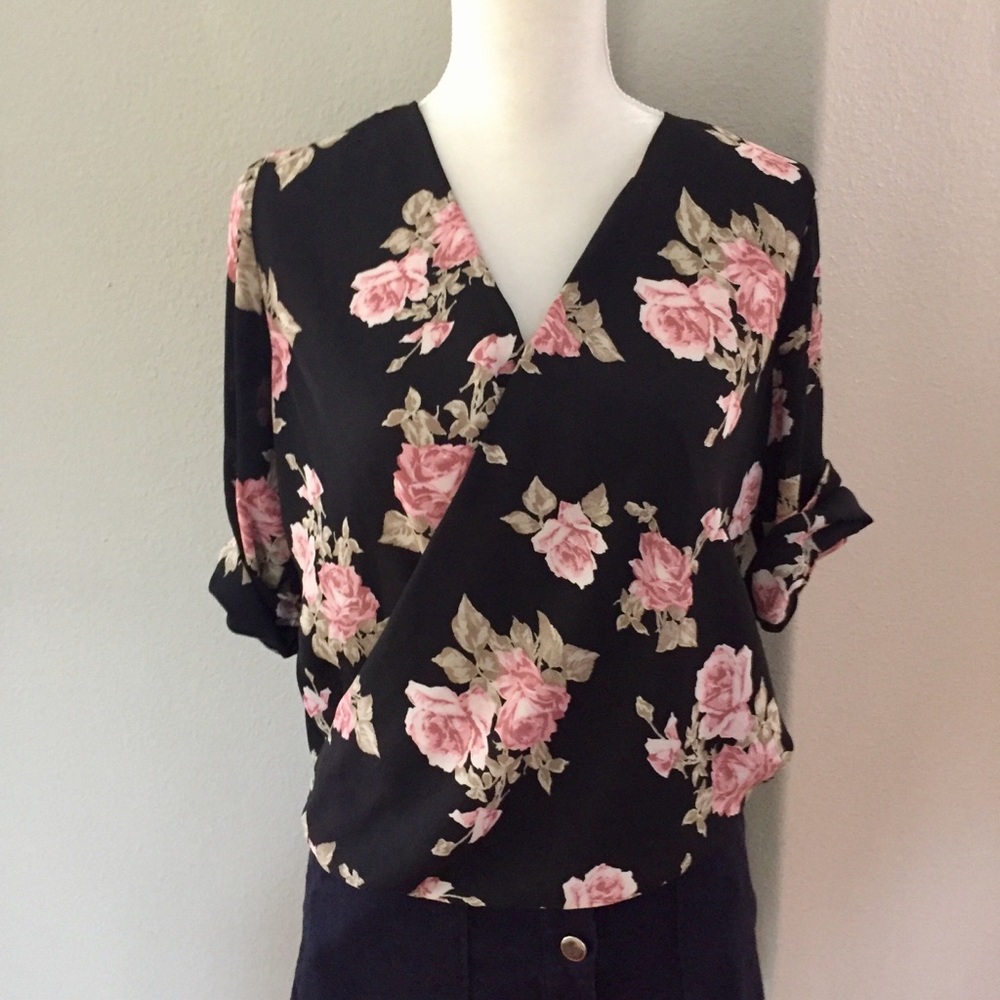 IZ Byer faux wrap boho floral hi-lo top
